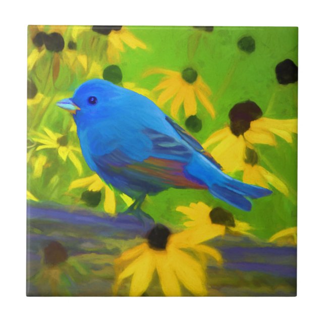Indigo Bunting Painting - Original Bird Art Tile (Front)