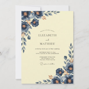 Indigo Buttercream Leafy Wedding Invitation