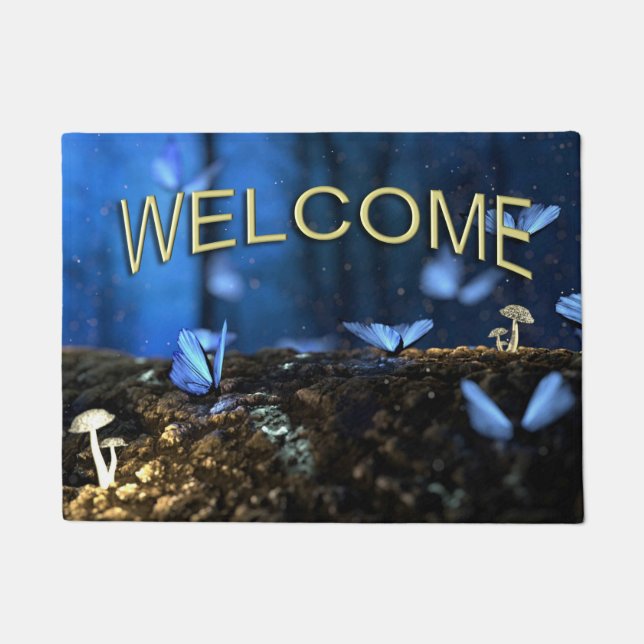 Indigo Butterfly and Mushroom Forest Welcome Doormat (Front)