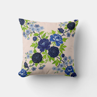 Indigo Camellias Floral Monochrome Pillow