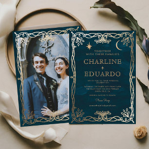 Indigo Celestial Mediaeval Gold Ivy Wedding  Invitation