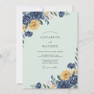 Indigo Champagne Gold Leafy Wedding Invitation