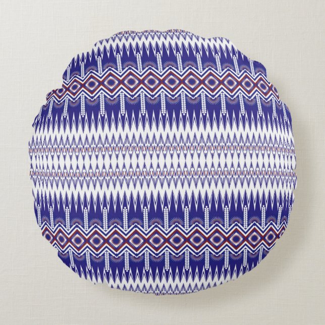 Indigo cloth with images of colourful flowers that round cushion (Front)