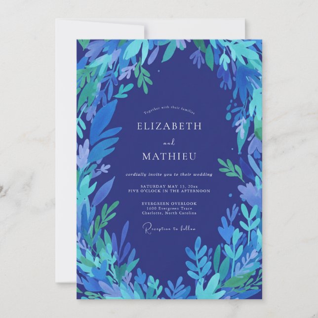 Indigo Cobalt Leafy Wedding Invitation (Front)
