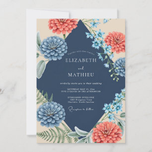 Indigo Coral Dahlia Wedding Invitation