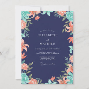 Indigo Coral Lily Wedding Invitation