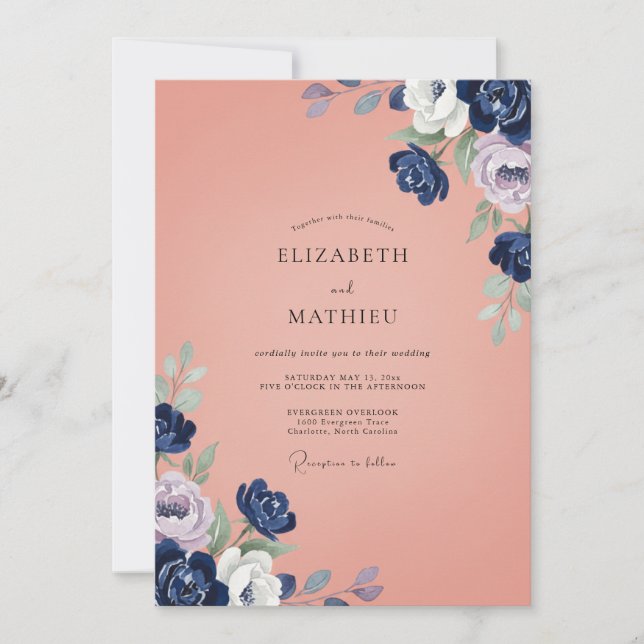 Indigo Coral Petals Wedding Invitation (Front)