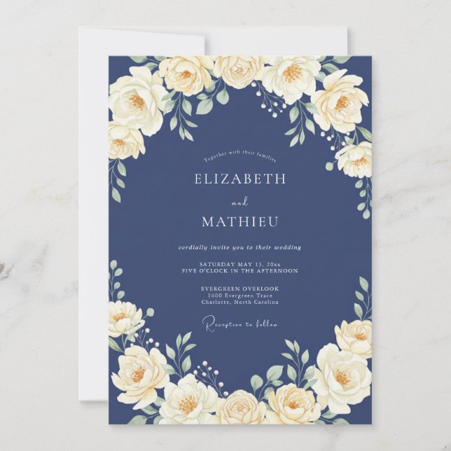 Indigo Cream Ranunculus Eucalyptus Wedding Invitation (Front)