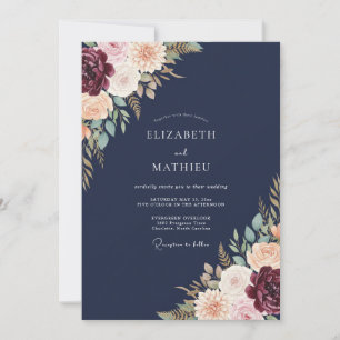 Indigo Crimson Petal Wedding Invitation