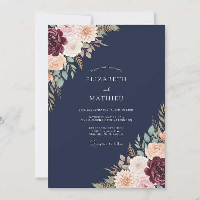 Indigo Crimson Petal Wedding Invitation (Front)