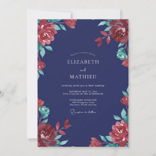 Indigo Crimson Ranunculus Dusty Eucalyptus Wedding Invitation