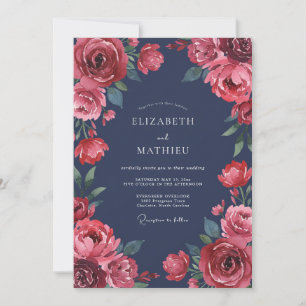 Indigo Crimson Ranunculus Eucalyptus Wedding Invitation