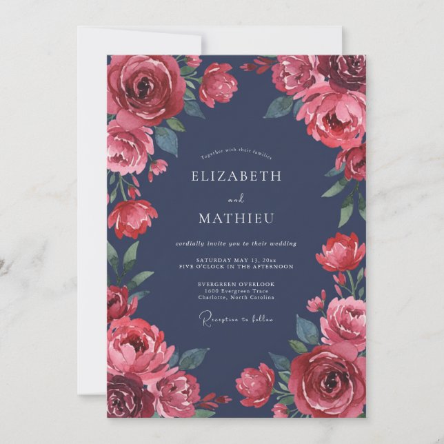 Indigo Crimson Ranunculus Eucalyptus Wedding Invitation (Front)
