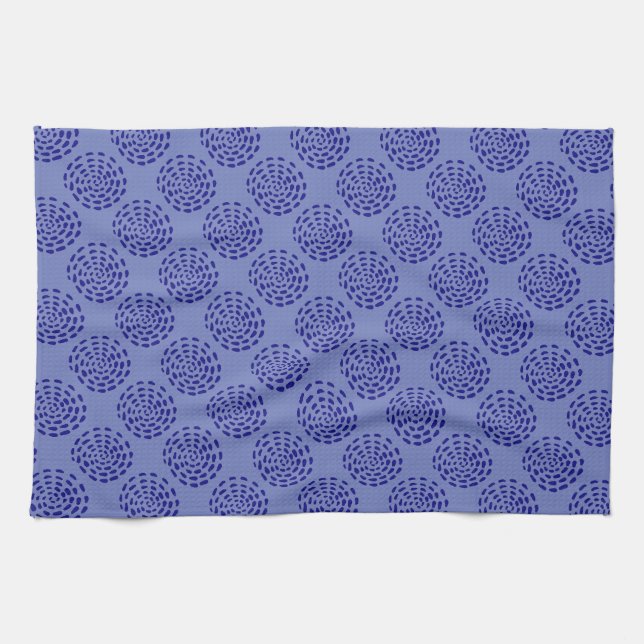 Indigo dark blue striped circle pattern on blue tea towel (Horizontal)