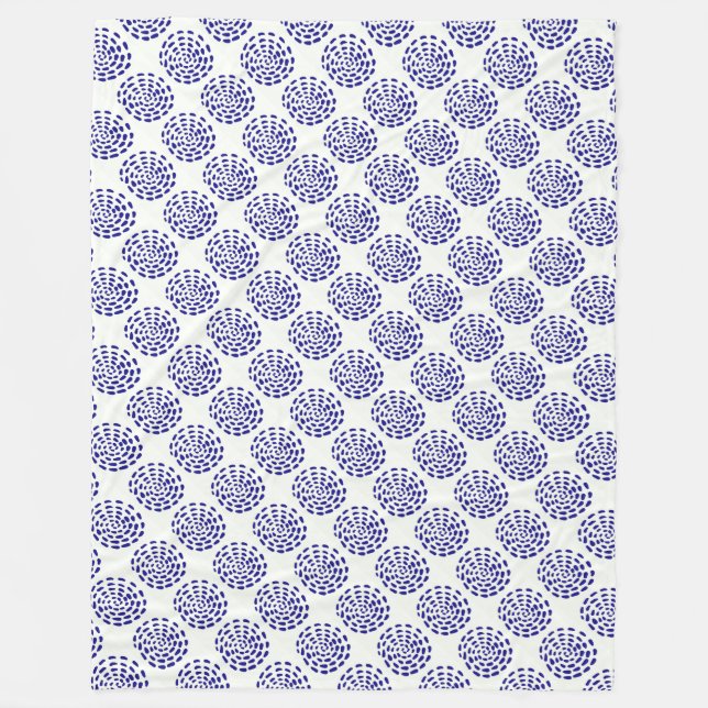 Indigo dark blue striped circle pattern on white fleece blanket (Front)