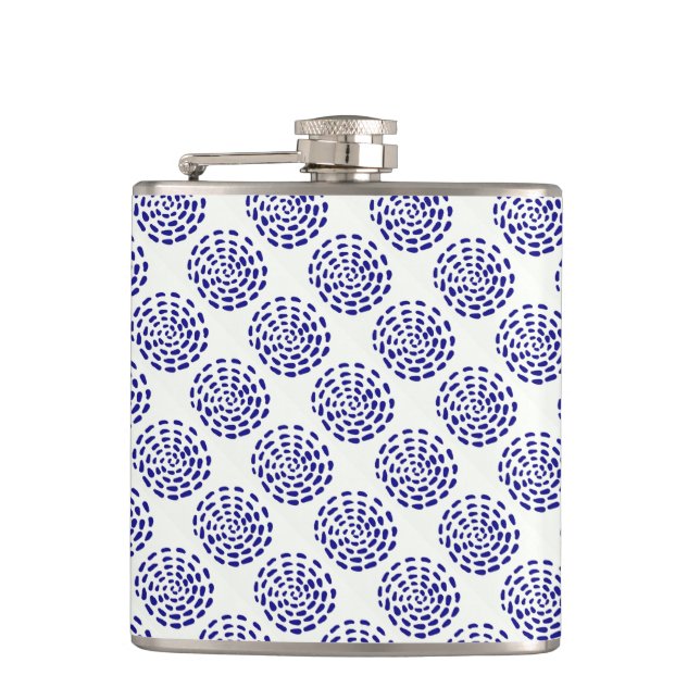 Indigo dark blue striped circle pattern on white hip flask (Front)