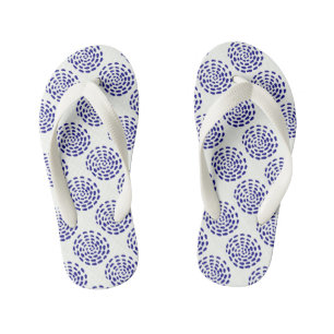 Indigo dark blue striped circle pattern on white kid's flip flops