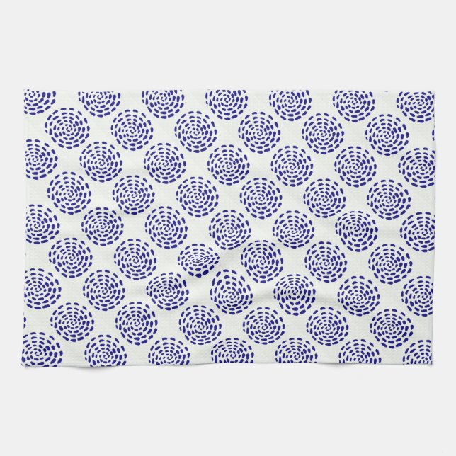 Indigo dark blue striped circle pattern on white tea towel (Horizontal)