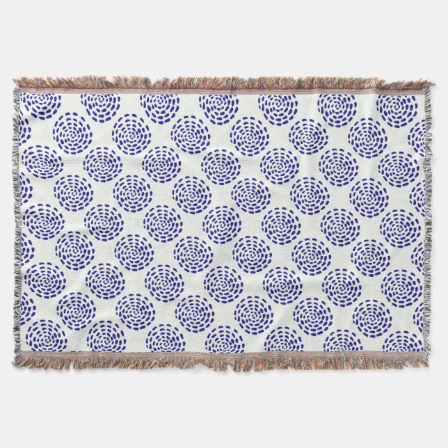 Indigo dark blue striped circle pattern on white throw blanket (Front)