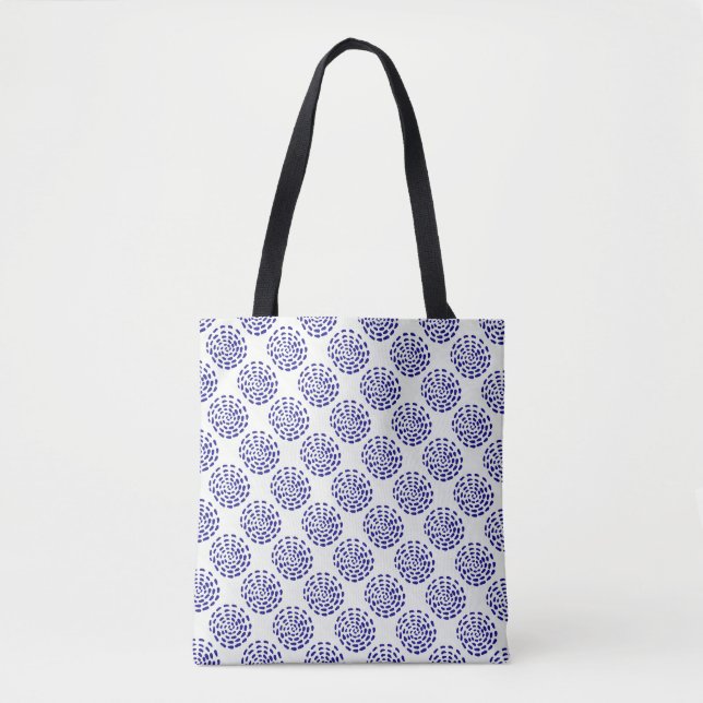 Indigo dark blue striped circle pattern on white tote bag (Front)