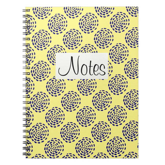 Indigo dark blue striped circle pattern on yellow notebook (Front)