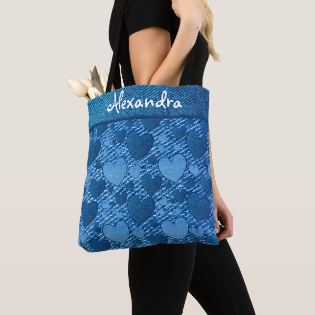 Indigo Denim Blue Jeans Hearts Print Monogram Name Tote Bag (Close Up)