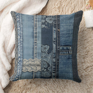 Indigo Denim Lace Stripe Pattern Cushion