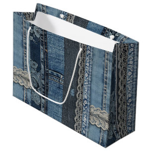 Indigo Denim Lace Stripe Pattern Large Gift Bag
