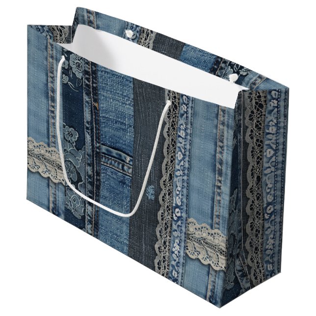 Indigo Denim Lace Stripe Pattern Large Gift Bag (Front Angled)