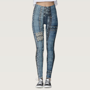 Indigo Denim Lace Stripe Pattern Leggings