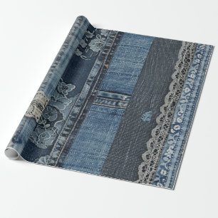 Indigo Denim Lace Stripe Pattern Wrapping Paper