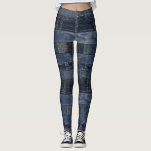 Indigo Denim Patchwork Seamless Pattern (2) Leggings