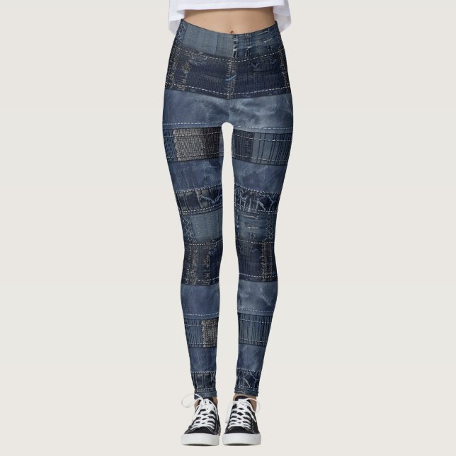 Indigo Denim Patchwork Seamless Pattern (2) Leggings (Front)