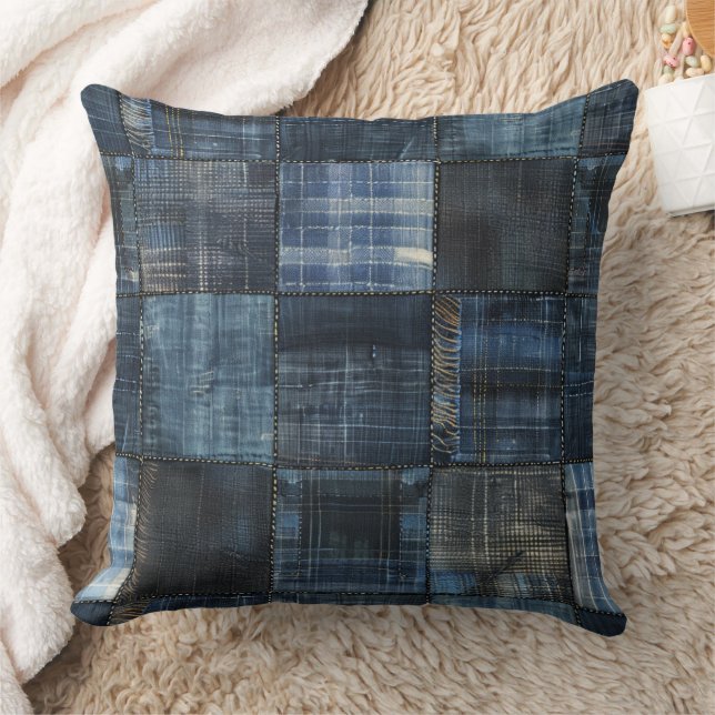 Indigo Denim Patchwork Seamless Pattern Cushion (Blanket)