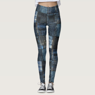 Indigo Denim Patchwork Seamless Pattern Leggings