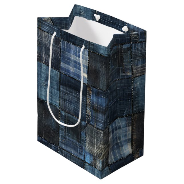 Indigo Denim Patchwork Seamless Pattern Medium Gift Bag (Front Angled)