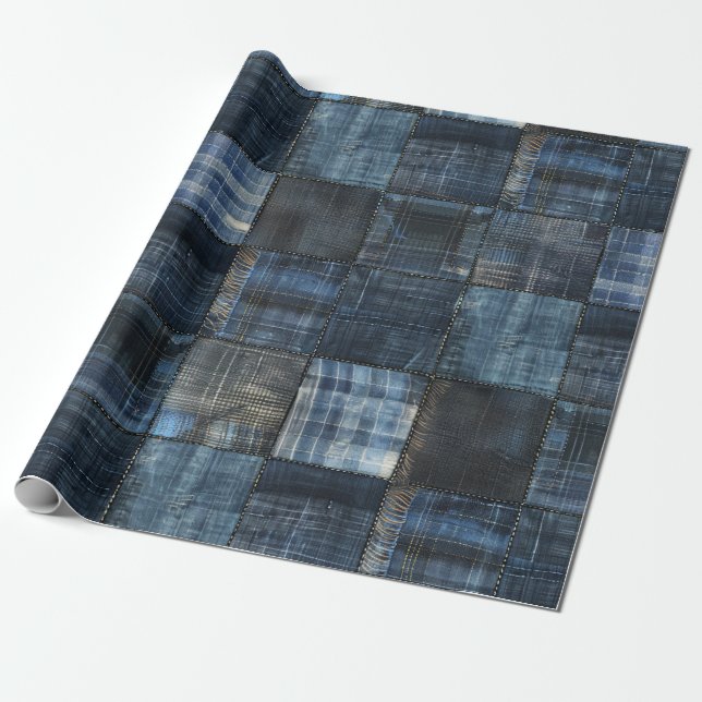 Indigo Denim Patchwork Seamless Pattern Wrapping Paper (Unrolled)