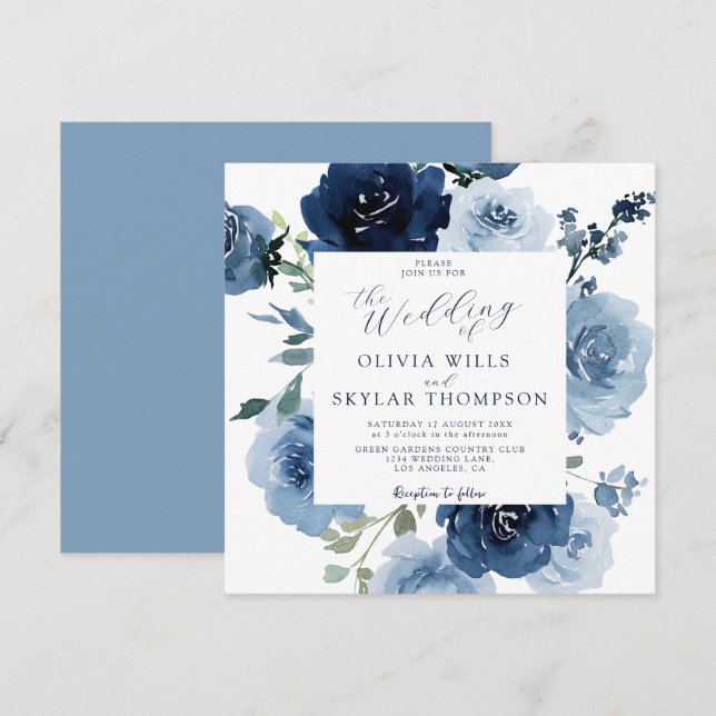 Indigo Dusty Blue Navy Flowers Garden Wedding Invitation (Front/Back)