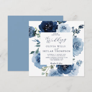 Indigo Dusty Blue Navy Flowers Garden Wedding Invitation
