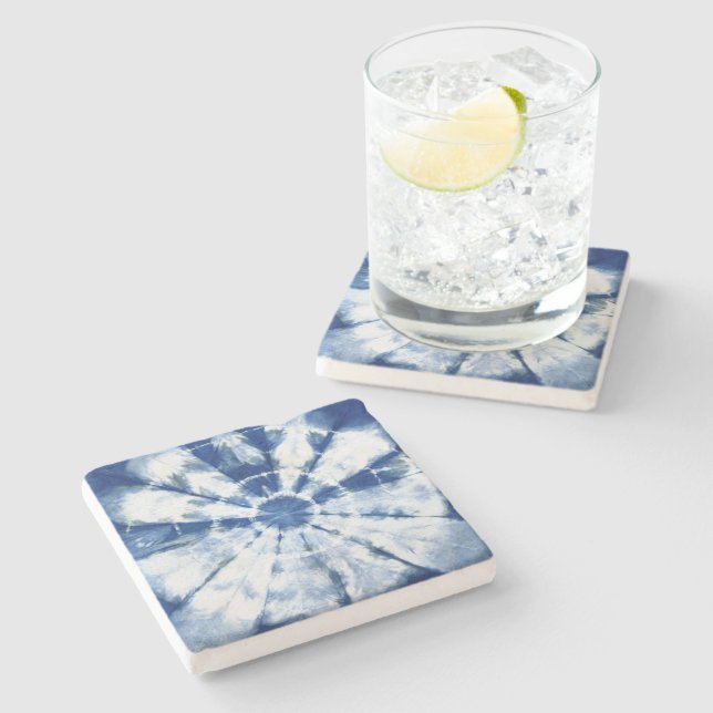 Indigo Dye Blue Circle Shibori Stone Coaster (Side)