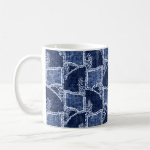 Indigo-Dyed Effect Textured Checked Patchwork Grap Coffee Mug
