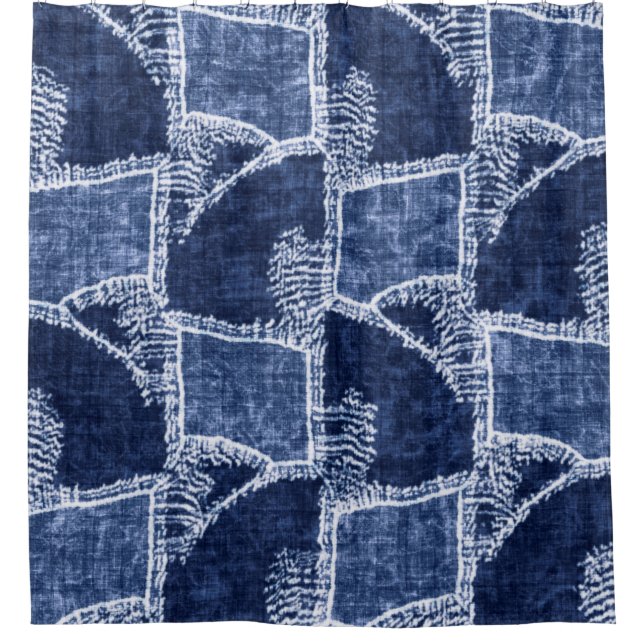 Indigo-Dyed Effect Textured Checked Patchwork Grap Shower Curtain (Front)