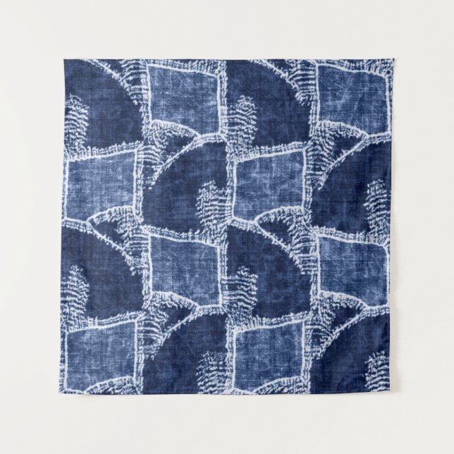Indigo-Dyed Effect Textured Checked Patchwork Grap Tapestry (Front)