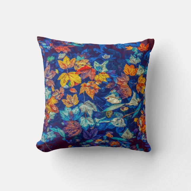 Indigo fall leaves swirl pattern cushion (Front)