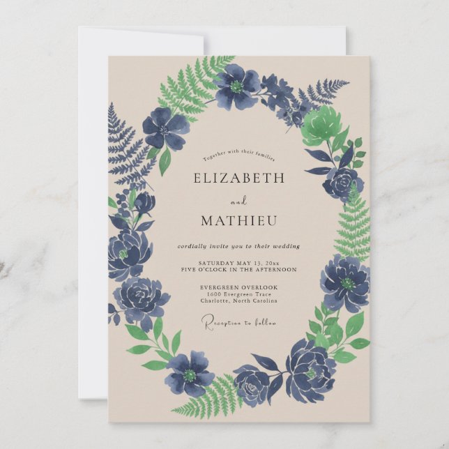 Indigo Fern Leafy Wedding Invitation (Front)