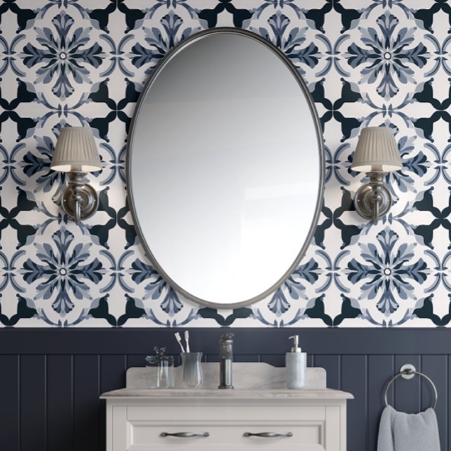 Indigo Floral Elegance Navy & Grey  French Country Wallpaper (Timeless Indigo Floral Tiles Peel and Stick Wallpaper)