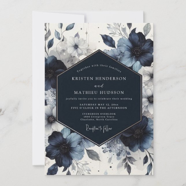 Indigo Floral Moody Romance Wedding Invitation (Front)