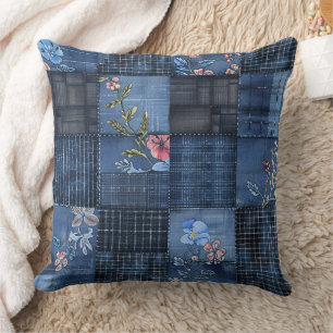 Indigo Floral Patchwork Pattern   Boho Denim Cushion