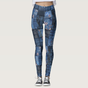 Indigo Floral Patchwork Pattern Boho Denim Leggings
