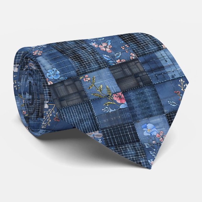 Indigo Floral Patchwork Pattern | Boho Denim Tie (Rolled)